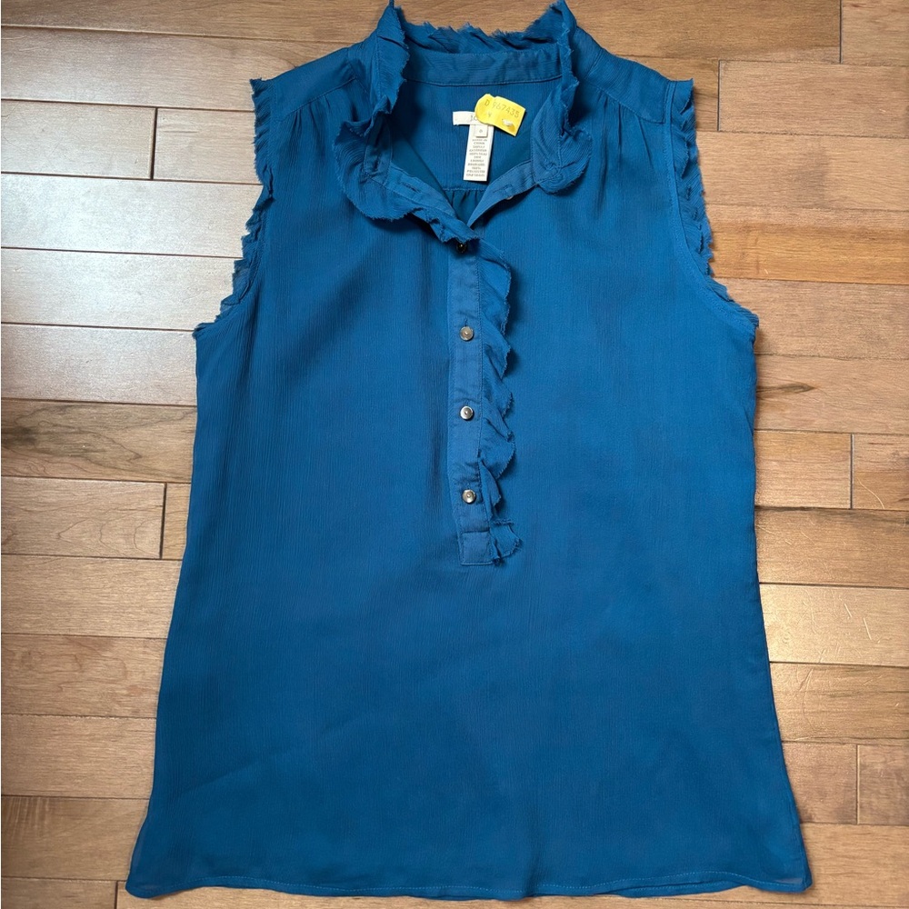 J. Crew Silk Blue Sleeveless Ruffle Button Down Work Top Peacock